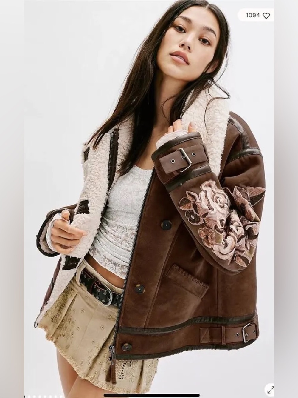 Free People We The Free Andies Embroidered Vegan Shearling Brown Moto Jacket S